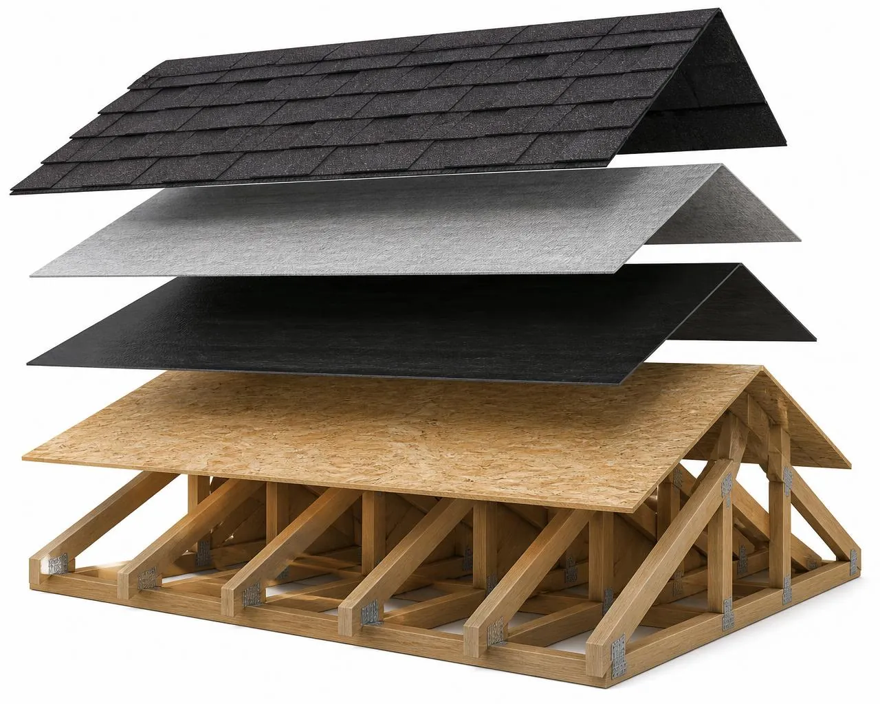 Exploded diagram of a residential asphalt roof system showing separated layers: shingles, underlayment, ice and water shield, roof decking, and rafters